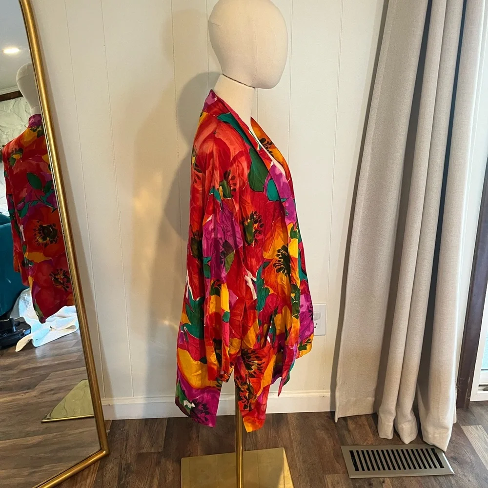 Vintage 80s Artsy Floral Multi-Colored Washable Silk Kimono Style Shirt Wrap - Picture 2 of 6